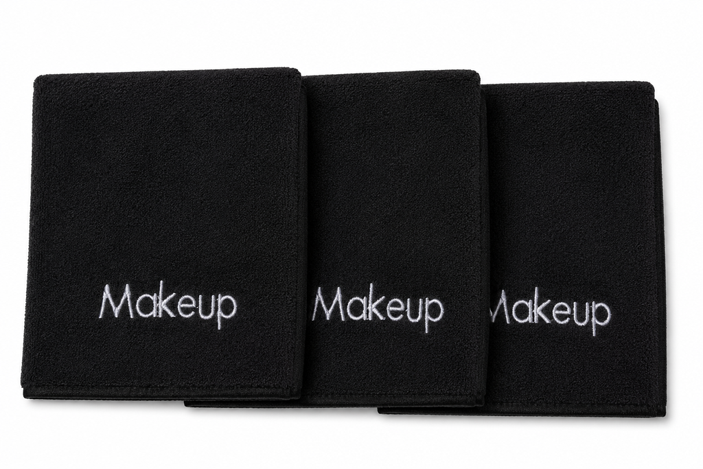 Black Microfiber Washcloth w/ "Makeup" Embroidered in White, 13"x13"