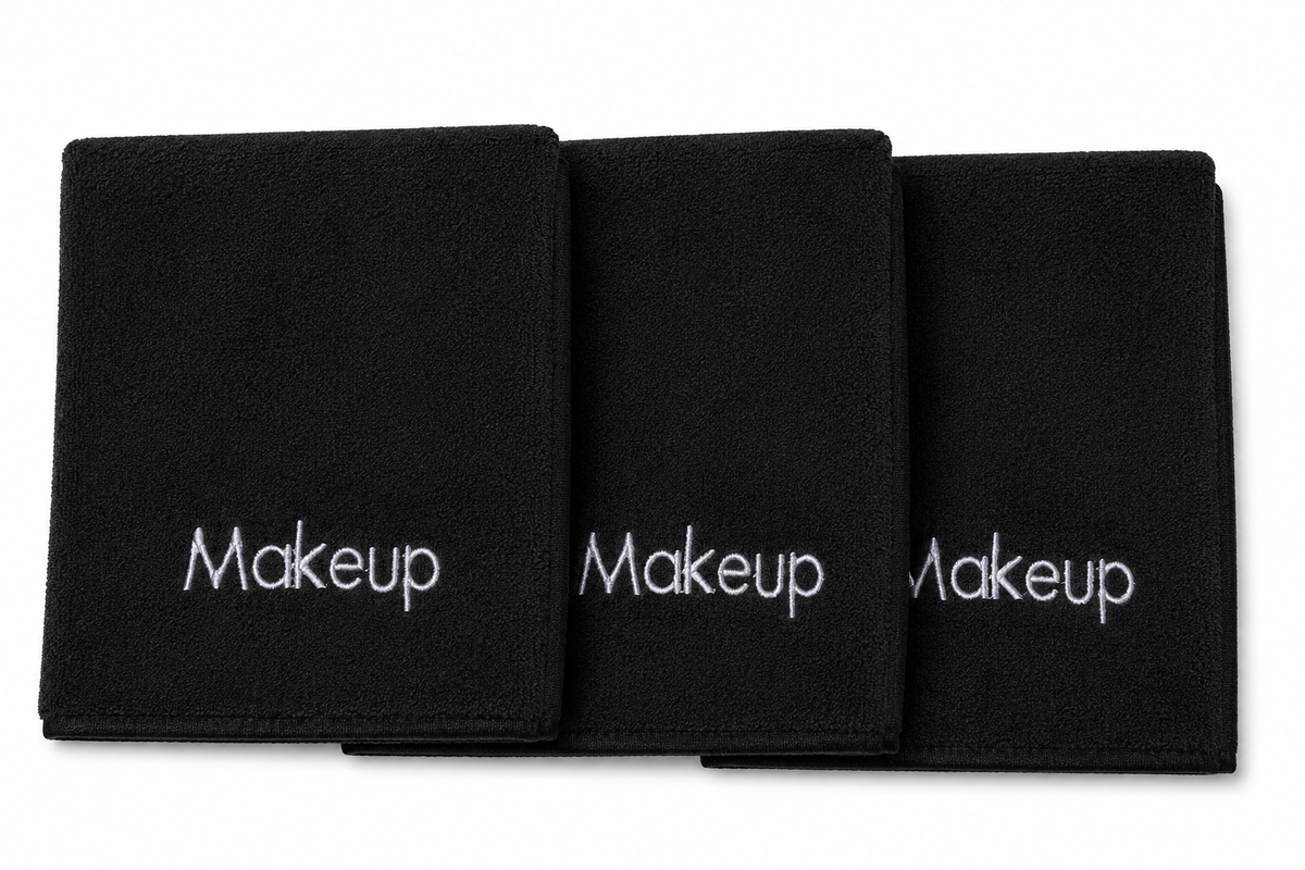 Black Microfiber Washcloth w/ "Makeup" Embroidered in White, 13"x13"
