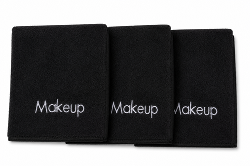 Black Microfiber Washcloth w/ "Makeup" Embroidered in White, 13"x13"